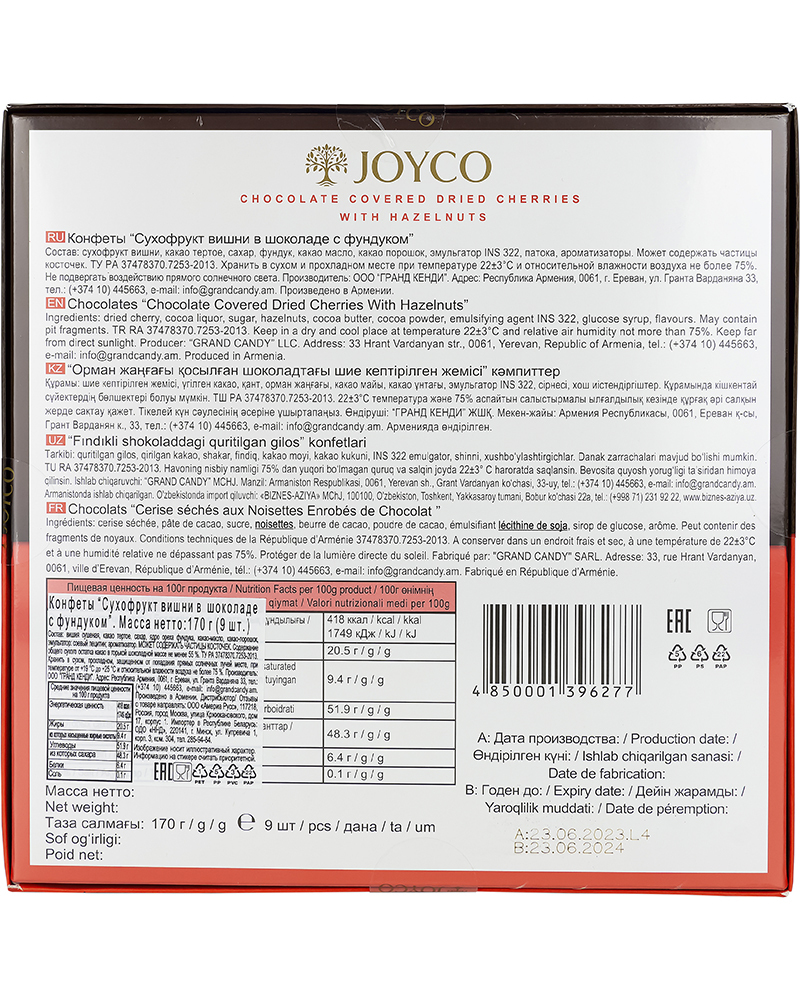 Шоколадные конфеты JOYCO Сухофрукт вишни в шоколаде с фундуком 170 гр.