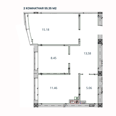 2-комн. квартира, 55,35 м²; 2,3 этажи