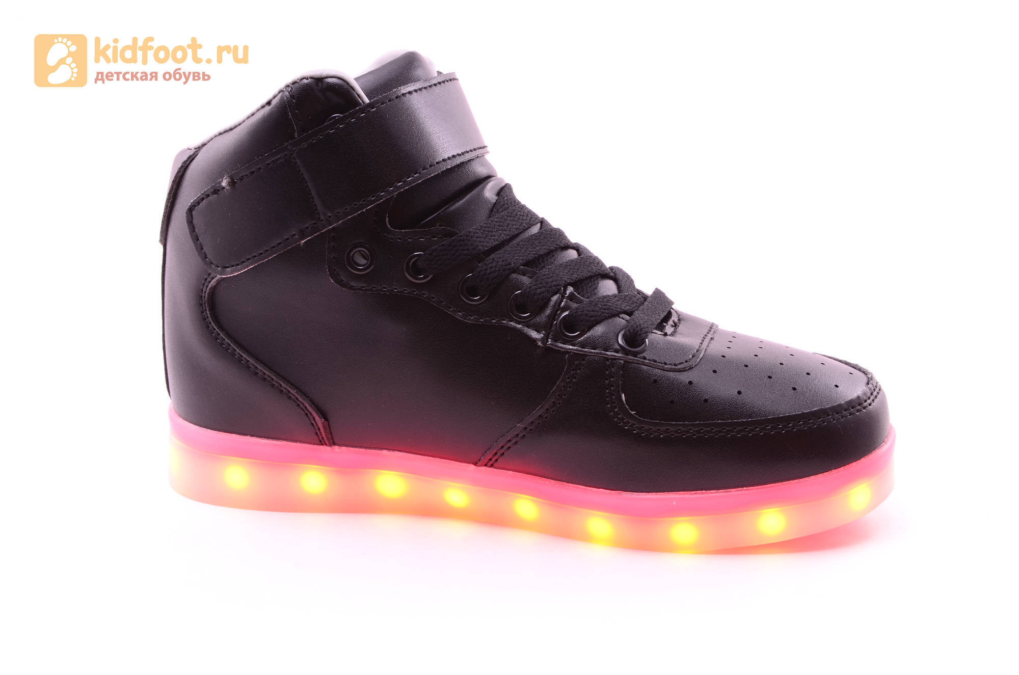 Светящиеся высокие кроссовки с USB зарядкой Fashion (Фэшн) на шнурках и липучках, цвет черный, светится вся подошва
