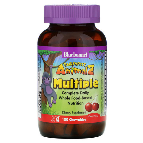 Bluebonnet Nutrition, Rainforest Animalz, препарат полного спектра для ежедневного приема, мультивитамин со вкусом вишни, 180 жевательных таблеток