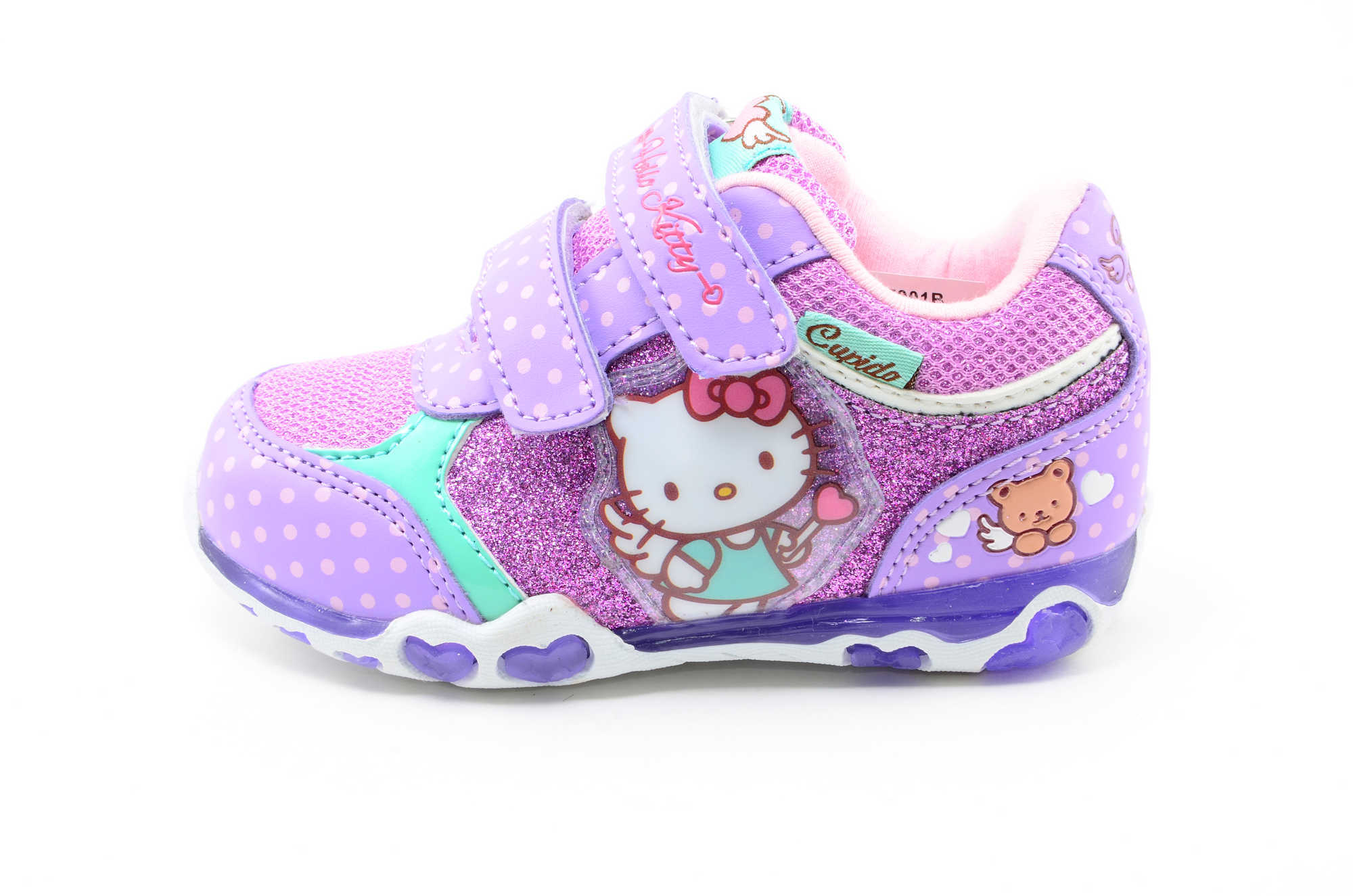 Светящиеся кроссовки для девочек Хелло Китти (Hello Kitty) на липучках, цвет сиреневый, мигает картинка сбоку