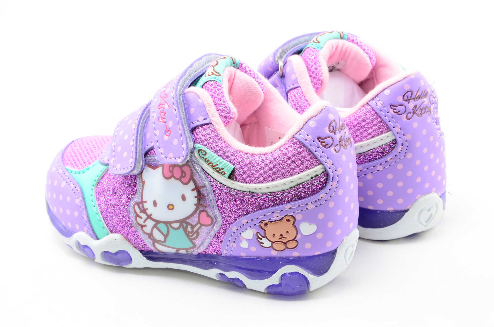 Светящиеся кроссовки для девочек Хелло Китти (Hello Kitty) на липучках, цвет сиреневый, мигает картинка сбоку