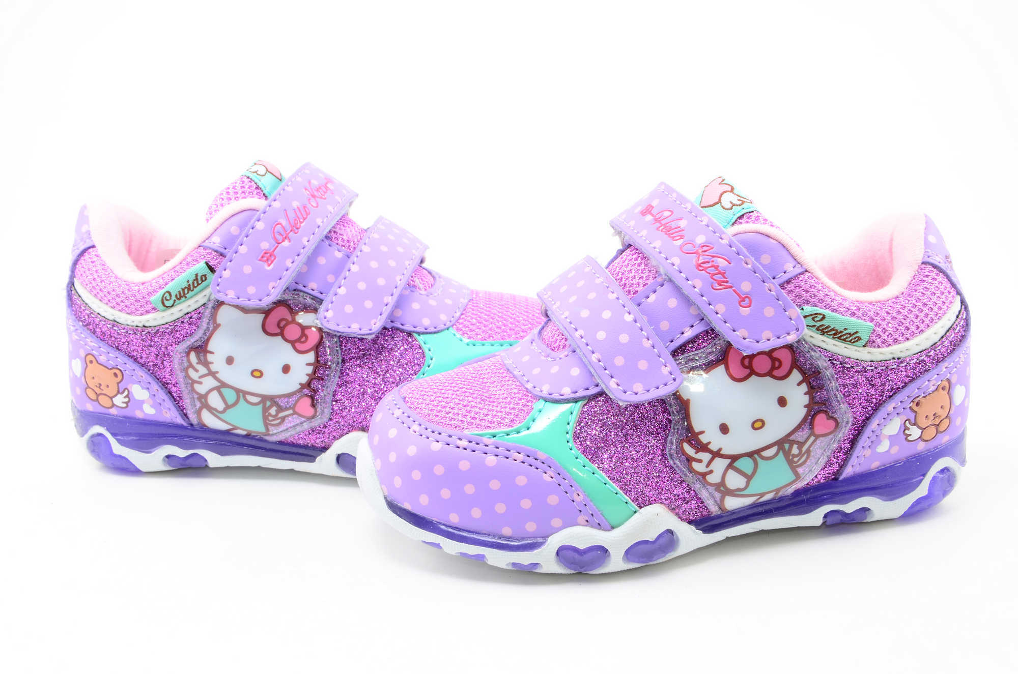 Светящиеся кроссовки для девочек Хелло Китти (Hello Kitty) на липучках, цвет сиреневый, мигает картинка сбоку