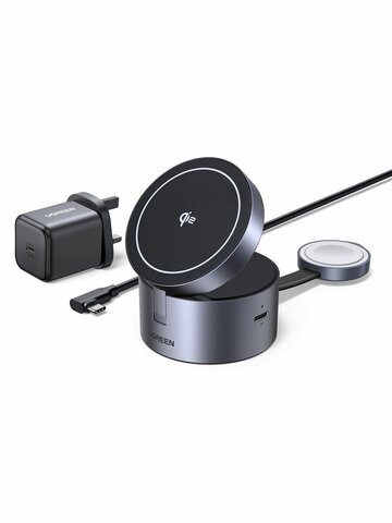Беспроводное зарядное устройство UGREEN W712 (65148) 3-in-1 Magnetic Qi2 Wireless Charger 15W EU, серый космос