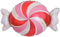 Шар К Фигура, Конфета, Золотые полоски, Розовый/Красный, 25''/64 см, 1 шт. (в упаковке)