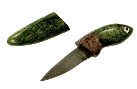 Шейный нож в деревянных ножнах, дамасская сталь, стаб карельская береза, зеленый