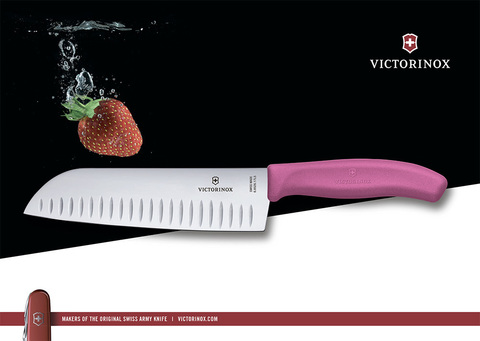 Нож Victorinox сантоку, лезвие 17 см рифленое, розовый, в картонном блистере