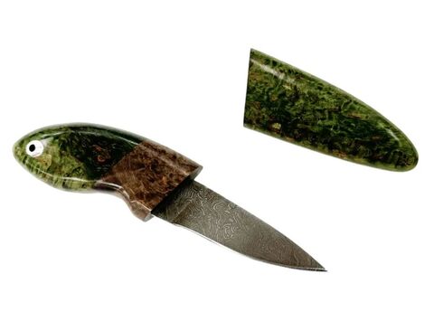 Шейный нож в деревянных ножнах, дамасская сталь, стаб карельская береза, зеленый