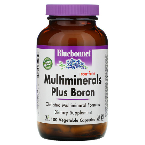 Bluebonnet Nutrition, Мультиминералы с бором, без железа, 180 растительных капсул