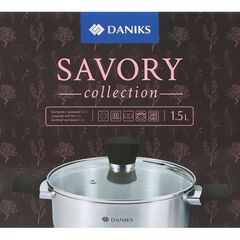 Кастрюля нерж, 1.5 л, с крыш, крышка стекло, Daniks, Savory, SD-A95-16, серебр, индукц