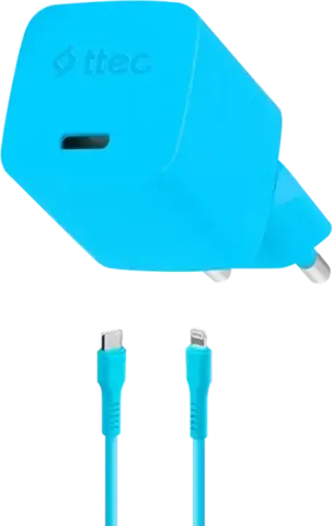 Зарядное устройство TTEC SmartCharger USB-C 20W PD GaN Travel Charger с кабелем USB-C To Lightning. Длина кабеля: 120см, голубой