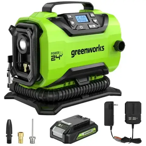 Компрессор автомобильный аккумуляторный Greenworks Арт. 3400807UB, 24V / 12V (от прикуривателя автомобиля), c АКБ 4Ач и ЗУ в сумке