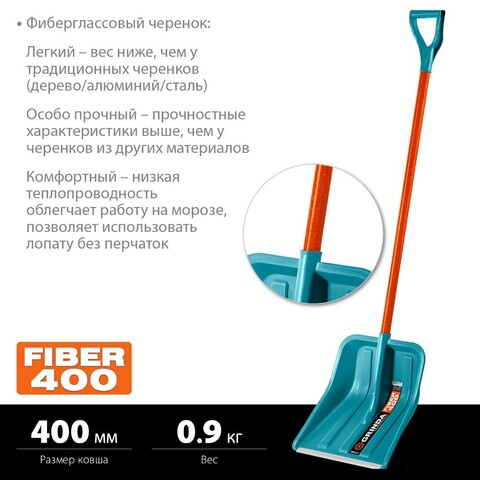 GRINDA FIBER-400, снеговая лопата, фиберглассовый черенок, пластиковый ковш 400мм (39941) PROLine