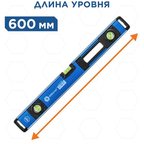 Уровень строительный КОБАЛЬТ 600мм, профиль 28 x 66мм, толщ.стенок 1,5мм, 3 глазка, 1 рук-а, 2 фрез.грани, для тяжёлых усл.экс-ии (916-493)