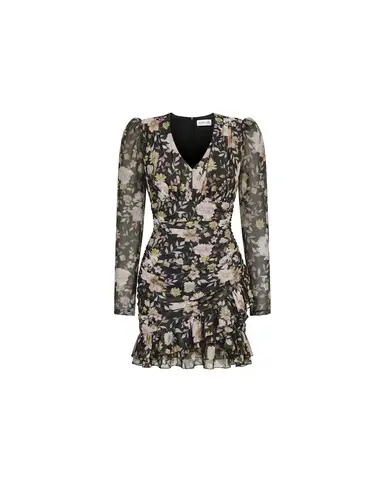 Жозефин (Josephine sleeves), платье мини из черного шифона с цветами мультицвет