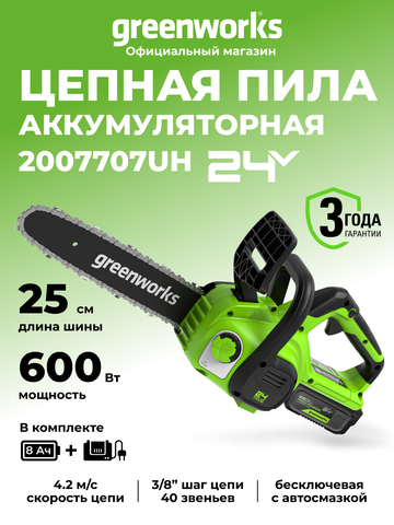 Цепная пила аккумуляторная Greenworks G24CS25, 24V, 25см, c 1хАКБ 8Ач и ЗУ (2007707UH)