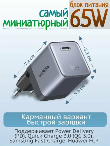 Зарядное устройство UGREEN X860 (95437B) Nexode Air 65W USB-C GaN Fast Charger EU серый
