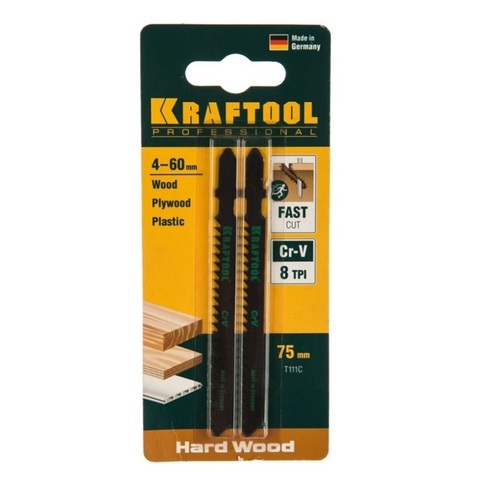 KRAFTOOL T111C, EU-хвост., по дереву, грубый рез, шаг 3 мм, 75 мм, 2 шт, полотна для лобзика (159531-3)