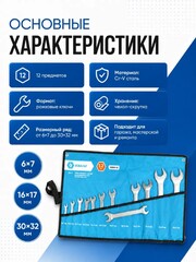 Набор ключей рожковых КОБАЛЬТ 6x7, 8x10, 9x11, 10x12, 12x13, 14x15, 16x17, 18x19, 20x22, 22x24, 27x30, 30x32 мм (12 шт.) (020202-12)