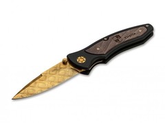 Фото Нож складной Boker Tirpitz-Damascus Gold, сталь дамаск анодированный золотом, рукоять алюминий, орех