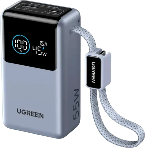 Внешний аккумулятор UGREEN PB727 (75701B) Fast Charging 10000mAh USB-C&USB-A 55W о встроенным кабелем USB-C Power Bank,  серый космос