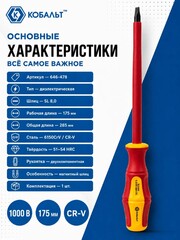 Отвертка диэлектрическая КОБАЛЬТ Ultra Grip SL 8,0 х 175 мм CR-V, двухкомпонентная рукоятк (646-478)