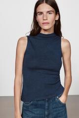 ZARA ТОП С ВОРОТНИКОМ-СТОЙКОЙ, МОРСКОЙ СИНИЙ