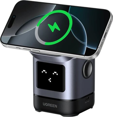 Беспроводная зарядка UGREEN W709 (45775) UNO 2-in-1 Robot Magnetic Wireless Charger Qi2 20W for iPhone &AirPods с кабелем USB-C-USB-C 1м, серый