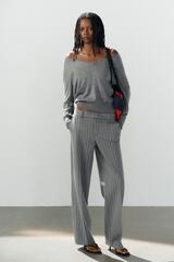ZARA БРЮКИ ПРЯМОГО КРОЯ В ПОЛОСКУ С НИЗКОЙ ПОСАДКОЙ, СЕРО-ГРАНАТОВЫЙ