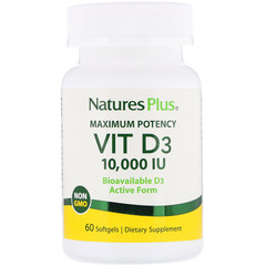 Nature's Plus, Максимальная эффективность, Вит. D3, 10 000 МЕ, 60 мягких таблеток