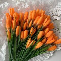 №2 Крокусы-подснежники искусственные, ЯРКО-ОРАНЖЕВЫЕ, 38 см, около 50 бутонов в наборе, набор 3 букета.