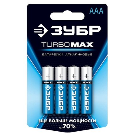 ЗУБР TURBO-MAX, ААА х 4, 1.5 В, алкалиновая батарейка (59203-4C)