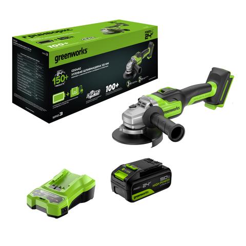 Угловая шлифовальная машина акк. Greenworks GD24AG, 24V, б/щет, 125 мм, 10500 об/мин,1x5Ач,быстрое ЗУ,кор (3200207CUG)