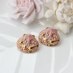 Серьги пусеты Ракушки с эмалью, розовый, 22*25 мм, сталь, позолота, СГ039