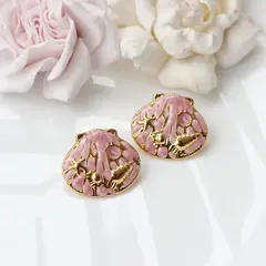 Серьги пусеты Ракушки с эмалью, розовый, 22*25 мм, сталь, позолота, СГ039