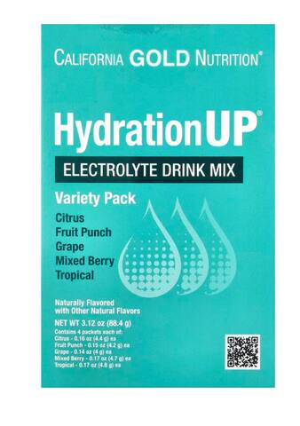 California Gold Nutrition HydrationUP®, смесь для приготовления напитка с электролитами, с лактатом кальция, витаминами C и E, ассорти вкусов, 20 пакетиков по 4–4,8 г (0,14–0,17 унции)