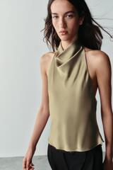 ZARA АТЛАСНЫЙ ТОП С ГОРЛОВИНОЙ ХАЛТЕР, СВЕТЛЫЙ ХАКИ