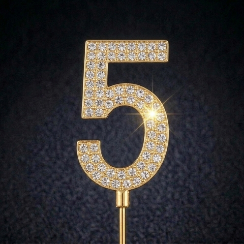 Декоративное украшение для торта со стразами «Цифра 5» (4см, золото)
