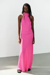 ZARA ДЛИННОЕ ПЛАТЬЕ-ХАЛТЕР С ЗАВЯЗКАМИ, НЕОНОВЫЙ РОЗОВЫЙ