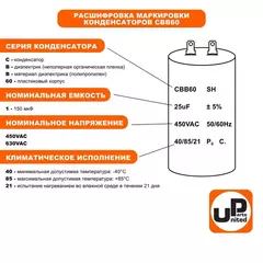 Конденсатор UNITED PARTS CBB60, 12 мкФ, 450В, гибкие выводы (90-0325)