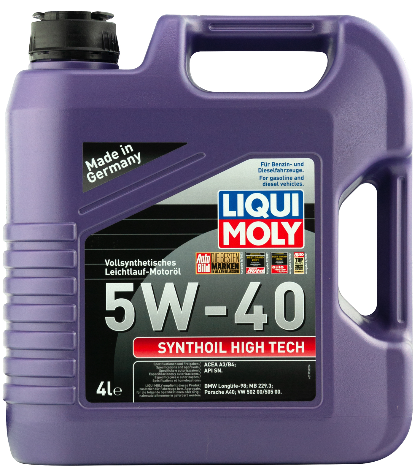 Моторное масло LIQUI MOLY Synthoil High Tech 5W40, SN, MB 229.3, синтетическое, 4л