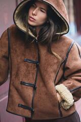 ZARA КУРТКА-ДУБЛЕНКА С КАПЮШОНОМ, КОРИЧНЕВЫЙ