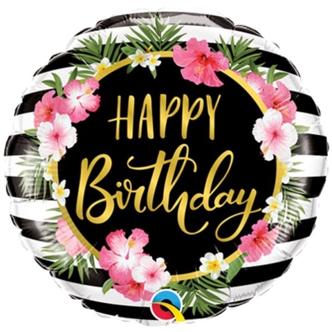 Шар круг Happy Birthday, Гибискус, С днем Рождения, черно-белые полосы, 45 см