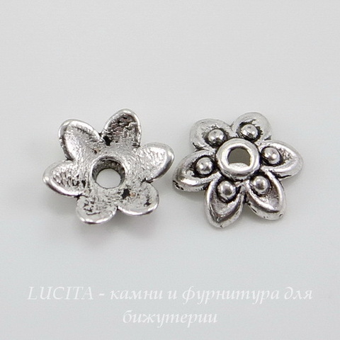 Шапочка для бусины "Цветок" 9х3 мм (цвет - античное серебро), 10 штук