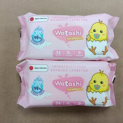 WATASHI Влажные салфетки для детей 0+ big-pack 54шт комплект - 2 штуки
