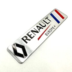 Наклейка Renault Europe объемная полиуретановая прямоугольная (шильдик Рено, 12х3см). Серебристая с флагом Франции