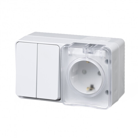 AtlasDesign PROFI IP54 О/У БЛОК: РОЗ. з/к со шт. 16А, ВЫКЛ.2-клав.10А, БЕЛЫЙ