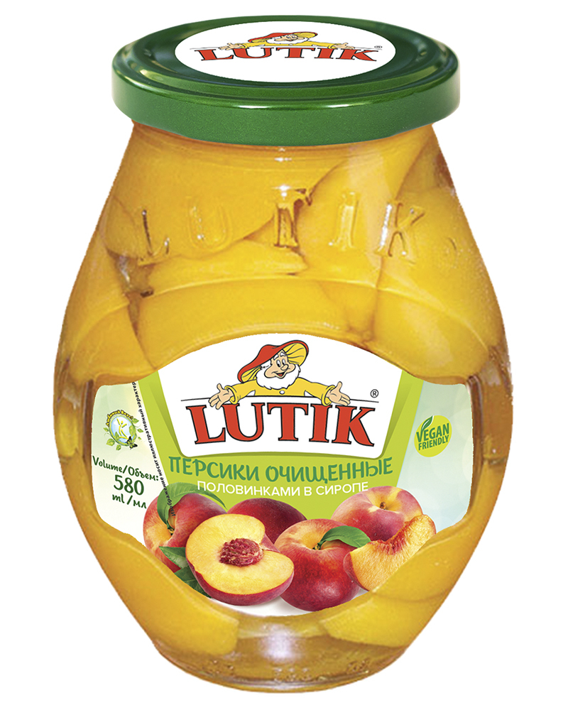 Персики Lutik очищенные половинкам в сиропе, 580 мл.