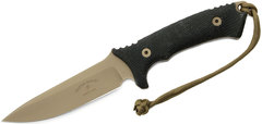 Фото Нож с фиксированным клинком Spartan Blades Harsey Difensa, сталь CPM-S35VN Flat Dark Earth, рукоять черная микарта, чехол песочный