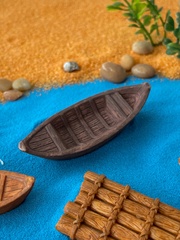 Лодка и Плот, коричневые, фигурки декоративные, кукольные миниатюры, 5-7 см, набор 3 шт лодки + 2 плота.